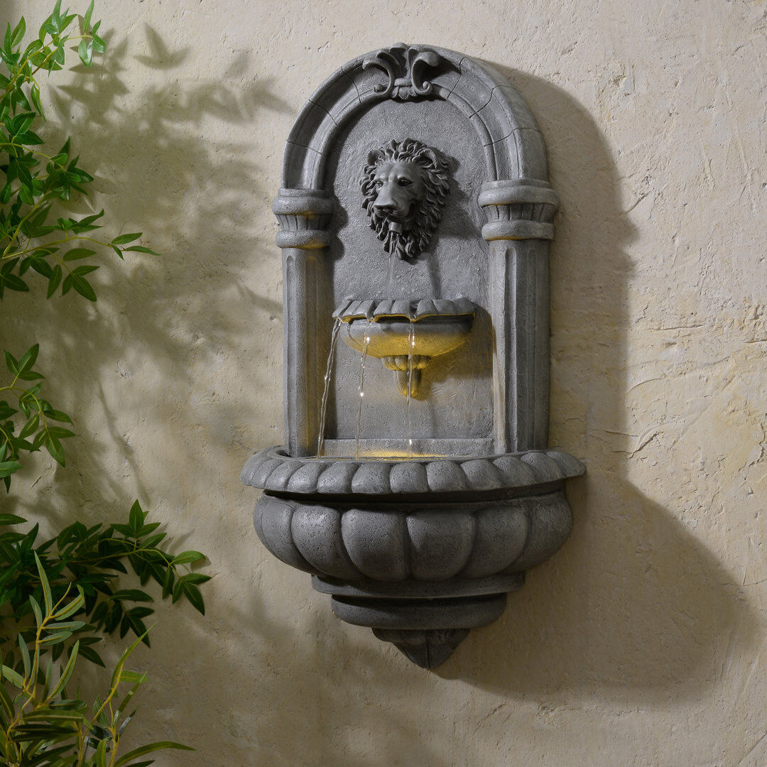 Teamson Home Lion Head Wall-Mounted Garden Fountain Led Lighting, Natural Stone Gray 81.28cm H X 46.48cm W X 24.51cm D