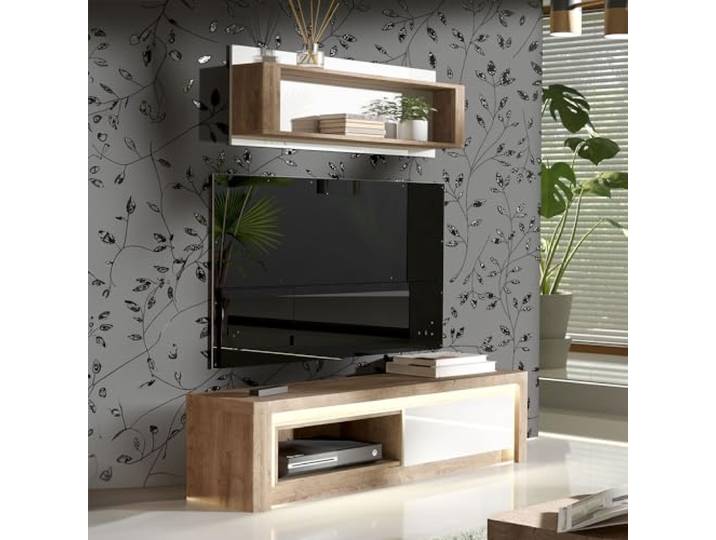 Lomadox Wohnwand Set 2-teilig TV Wand TV Board inkl. Regal Wandregal Schrank Wohnzimmermöbel Schrankwand modern in Eiche mit weiß