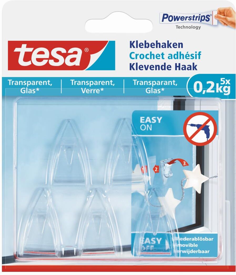 tesa Powerstrips Klebehaken transparent, Glas, bis 0,2 kg, 5 Stück