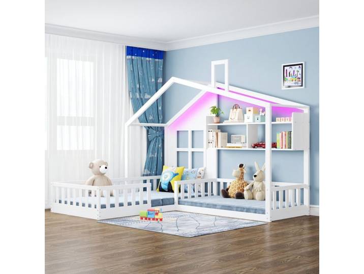 VUENOR Lit enfant cabane 90x200 cm blanc avec LED étagères et barrières sans matelas