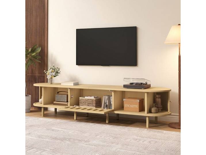 Norevia Meuble TV Bois Clair 180 cm avec Portes en Rotin Banc TV pour TV jusqu'à 75 Pouces
