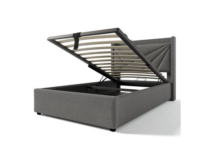 Lit coffre ULEVR tête de lit géométrique USB Type-C gris 90x200 cm