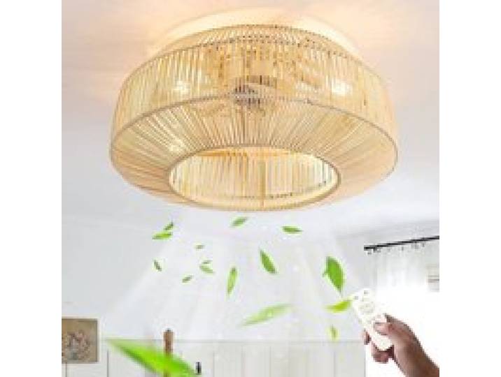 Ventilateur plafonnier LED télécommande 6 vitesses douille E27 silencieux abat-jour bambou et rotin salon chambre cuisine
