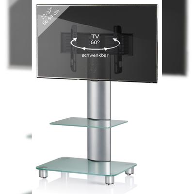 VCM Bilano Fernsehtisch mit 2 Glasböden und Rädern Silberfarbig, Mattglas.