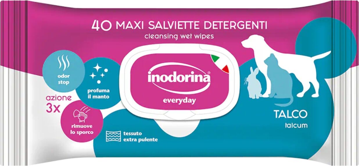 Inodorina Salviette Detergenti Umidificate per Cuccioli Cani e Gatti Talco Everyday 40 pz