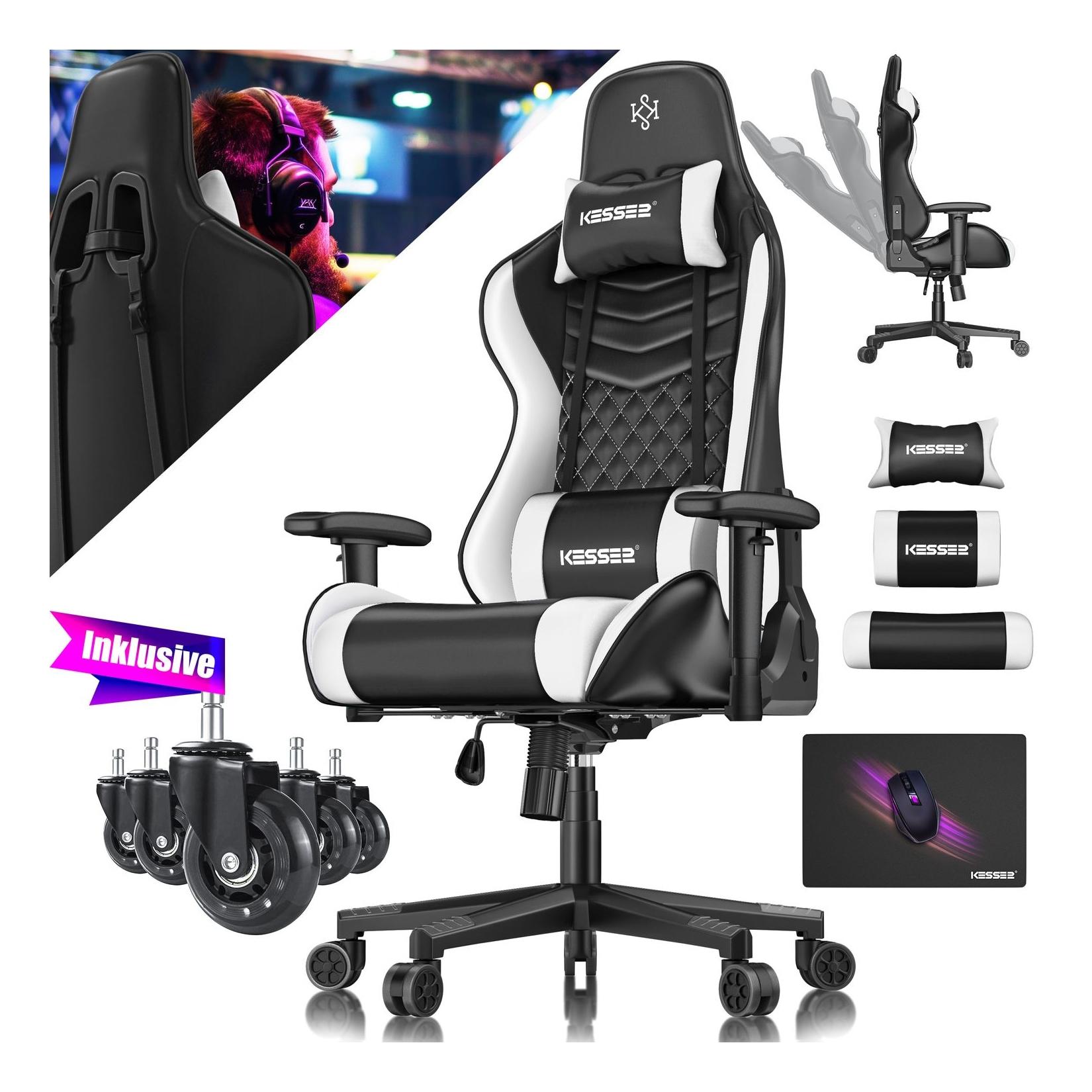 KESSER® Gaming Stuhl Ergonomisch Bürostuhl mit Kopfstütze & Lendenkissen Racing Gamer Stuhl 150kg belastbar Armlehne 360° Drehbarer Schreibtischstuhl Gaming Chair + Gummi-Rollen