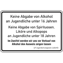 Aushang, Keine Abgabe von Alkohol an Jugendliche - JuSchG - 300x200x0.45 mm Aluminium geprägt