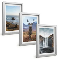 BILDER SET 3er Set - 20x30 cm Silberner Rahmen - Berglandschaften mit einem Wasserfall
