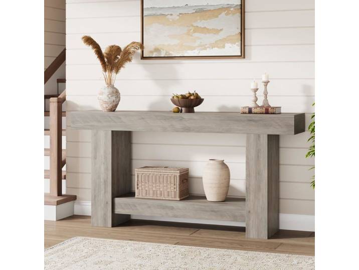 Console campagne 63″ 2 niveaux gris clair longue derrière canapé entrée salon couloir