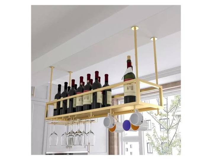 Failjierue Hängender Weinflaschenhalter für die Deckenmontage in der Küche 2-in-1-Weinglasregal für Becher und Kelche, verstellbare Aufhängehöhe 30–60 cm, Metall-Weinregal(Gold,80x25cm)