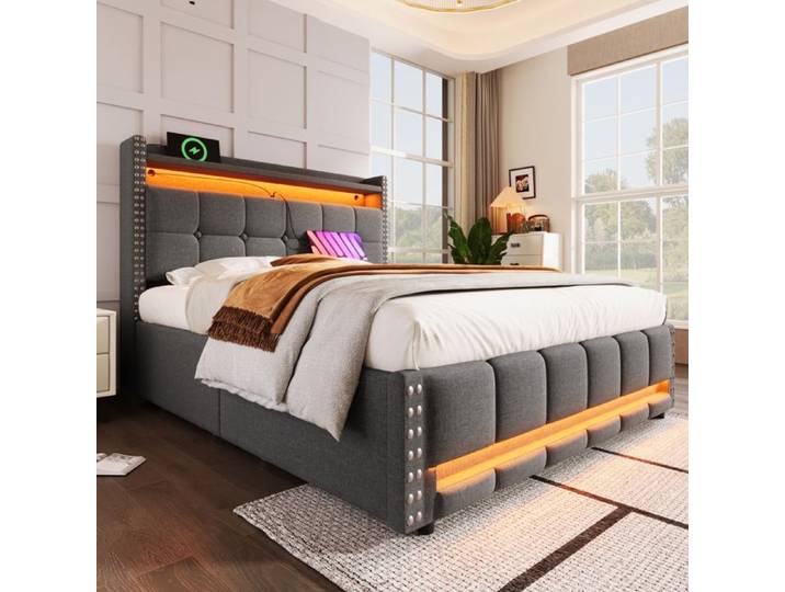 Lit coffre 160x200 - Lit double capitonné - LED intégrée - Rangement - Gris
