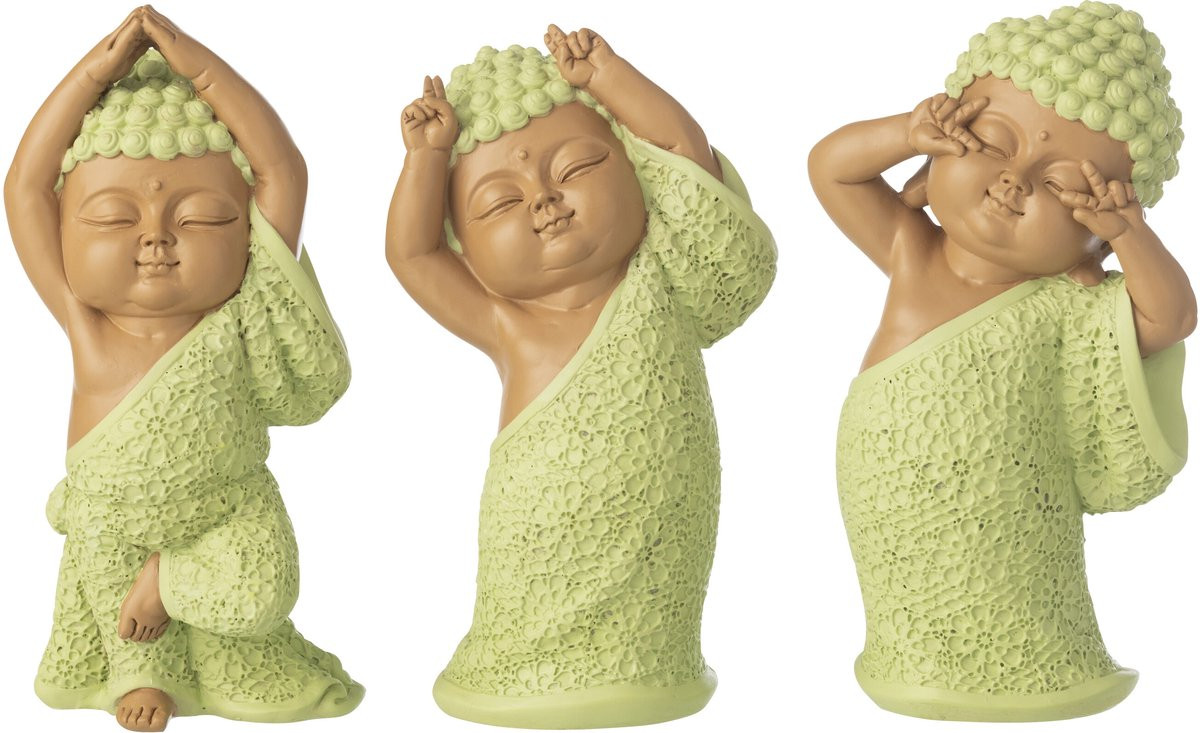 J-Line Decoratie Monnik Leuk - Set van 3 - Polyresin - Muntgroen