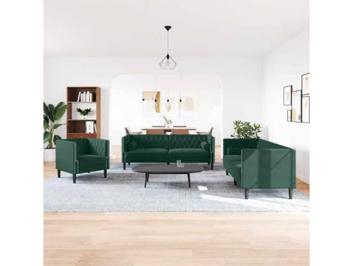KTHLBRH Chesterfield-Sofa-Set, 3-teilig, mit Kissen, dunkelgrün, Samt Schaumstoff, Massivholz, 110 kg, 3 Stück für Wohnzimmer