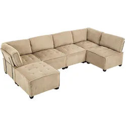 OKWISH Modulares 6-Sitzer-Sofa 308x154x82 Cordstoff ergonomisch Stauraum Wohnzimmer Couch komfortabel langlebig khaki