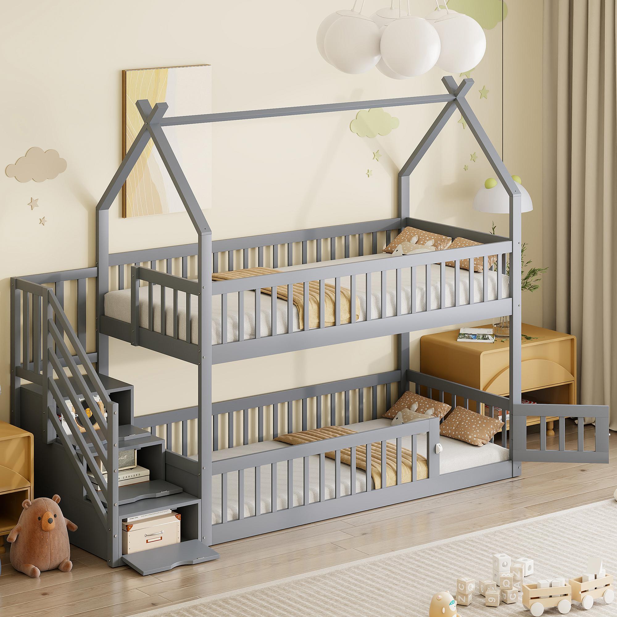 MODFU Etagenbett 90x200 mit Stauraum,Kinderbett Bettgestell mit Sicherheitsleiter,Jugendbett Holzbett mit Dach,Grau,ohne Matratze