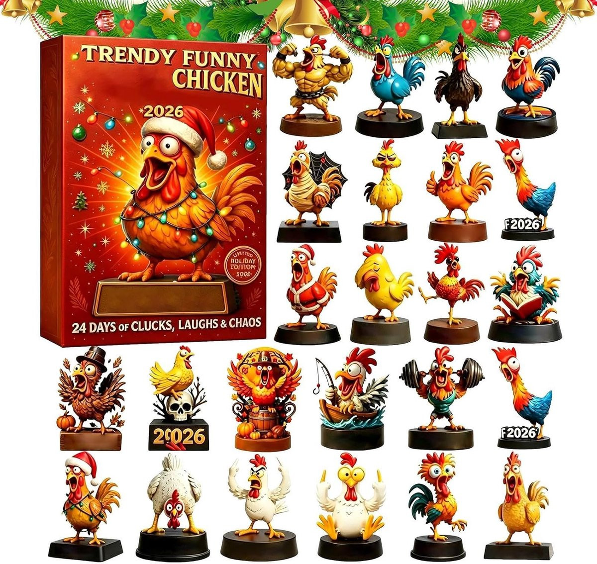 Adventskalender 2026 met grappige kip verzamelfiguren en sleutelhangers in blind boxes