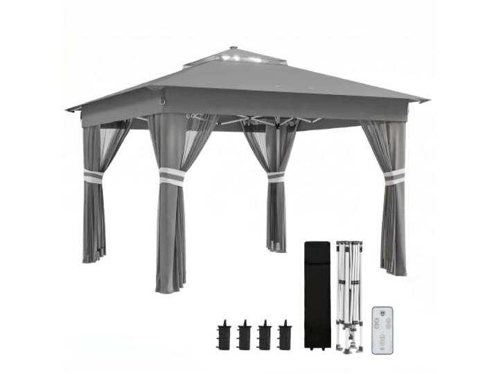 Outsunny Faltpavillon ca. 3x3 m met LED, 4 netgordijnen Donkergrijs