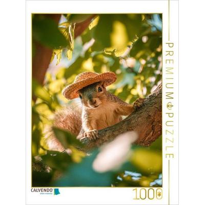 CALVENDO Puzzle Eichhörnchen mit Strohhut im Sommer | 1000 Teile Lege-Größe 64x48cm Foto-Puzzle für glückliche Stunden