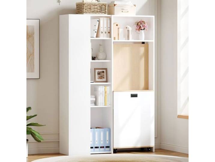Bureau multifonction pliable d'angle 104 5x30 5x160 cm blanc bibliothèque étagères modulables et port USB