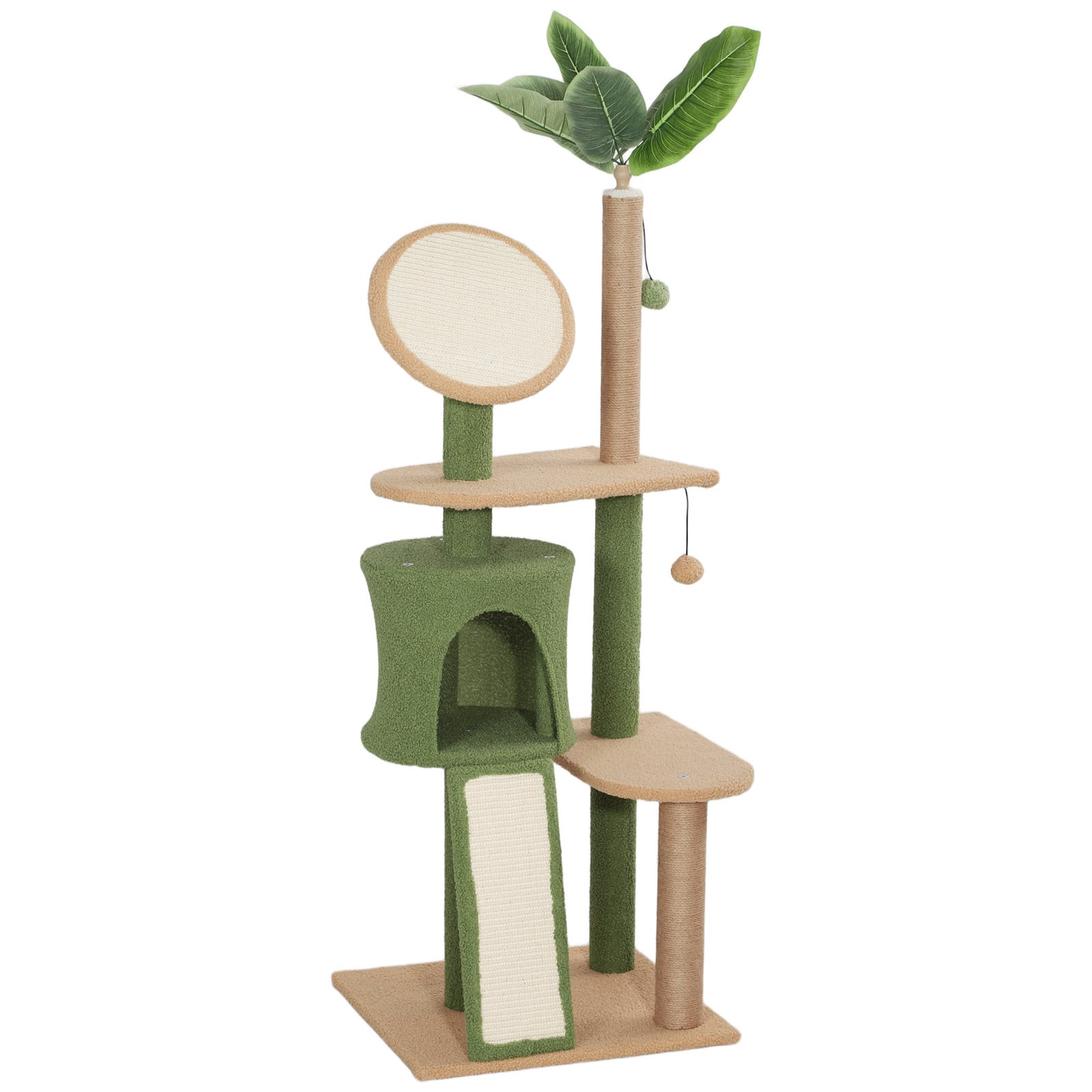 PawHut krabpaal voor twee katten met hol, speelballen en sisal-krabpalen, groen, Hoogte: 139 cm