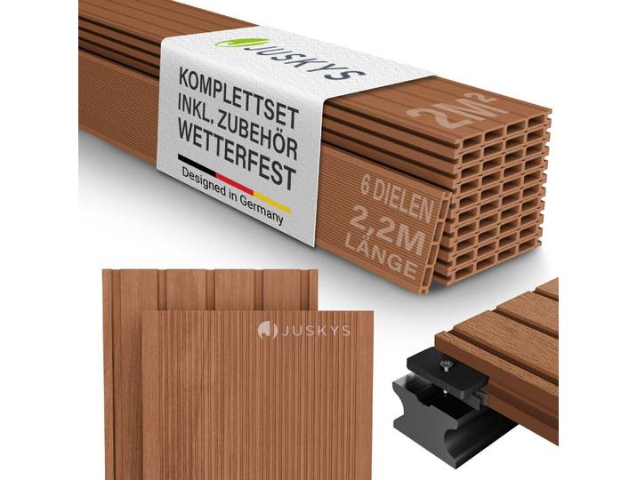 JUSKYS® WPC Terrassendielen 2 m², inkl. Unterkonstruktion & Clips – Teak