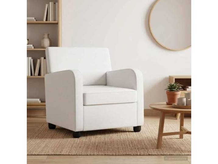 Sessel Weiß Stoff mit Armlehnen und Holz-Metall-Rahmen 100 % Polyester, Schaumstoffpolsterung, quadratische Kunststofffüße, Lesesessel, Wohnzimmer