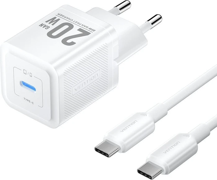 Vention 1-Port USB-C GaN Charger (20W) with USB-C to USB-C Cable (1M) EU-Plug White