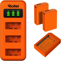 Rollei Ladegerät-Set 3er Pack Kamera-Akkus & Ladegerät (Kamera Akku, Kamera Akku Ladegerät), Kamera Stromversorgung, Orange