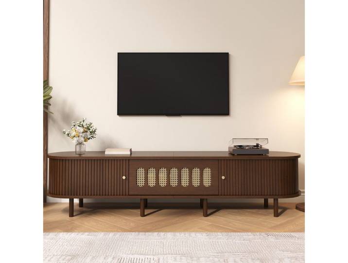 Meuble TV ovale noyer avec détails effet rotin portes tambour et abattant