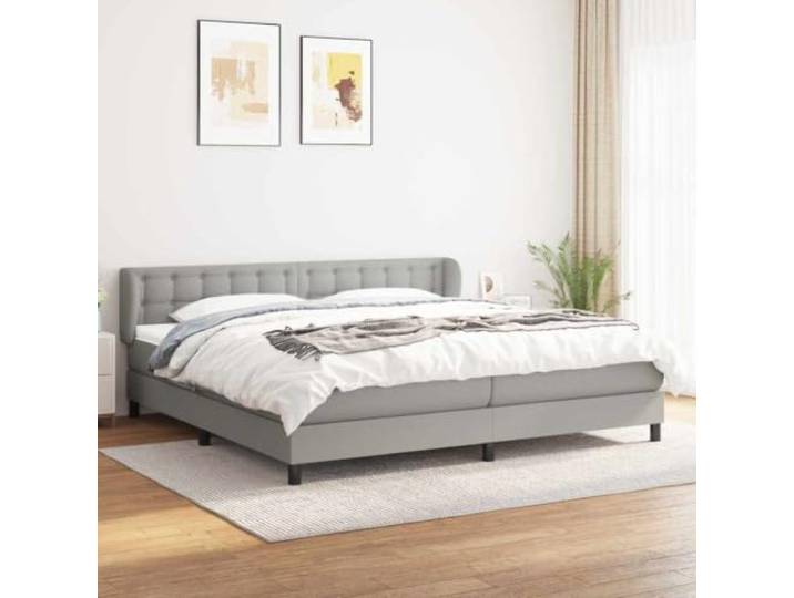 Boxspringbett 203 x 203 x 78 cm aus Holzwerkstoff Hellgrau mit Knöpfen Stoffbezug aus 100% Polyester, höhenverstellbares Kopfteil mit Ohren, zwei Taschenfederkernmatratzen