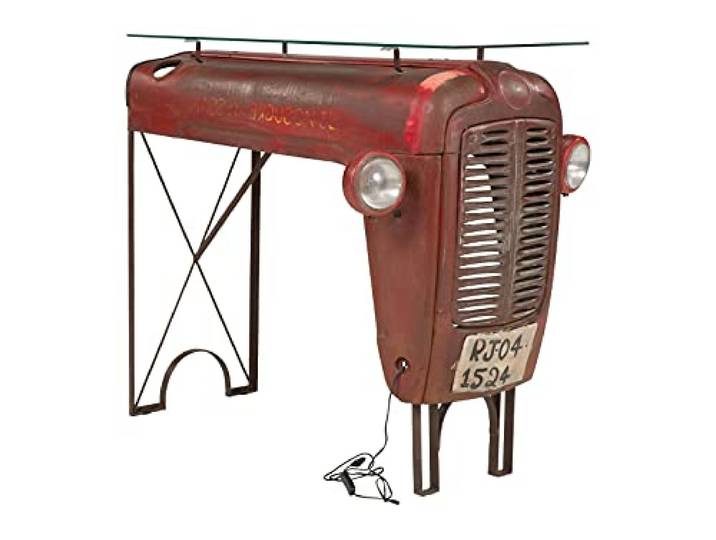 Woodkings Bartisch Traktor I BxH 122x110cm I Thekentisch Metall rot I Unikat Barttresen mit Glasplatte I idealer für Küche als Frühstücks Tresen
