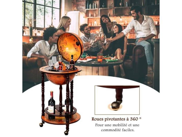 COSTWAY Bar Globe Terrestre Vintage Mappemonde en Bois d'Eucalyptus Porte-Bouteilles Minibar Roulant 16e Siècle