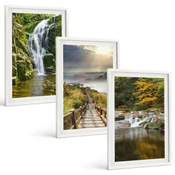 BILDER SET 3er Set - 40x60 cm Weißer Rahmen - Wasserfälle, Berge, Wolken, Herbst
