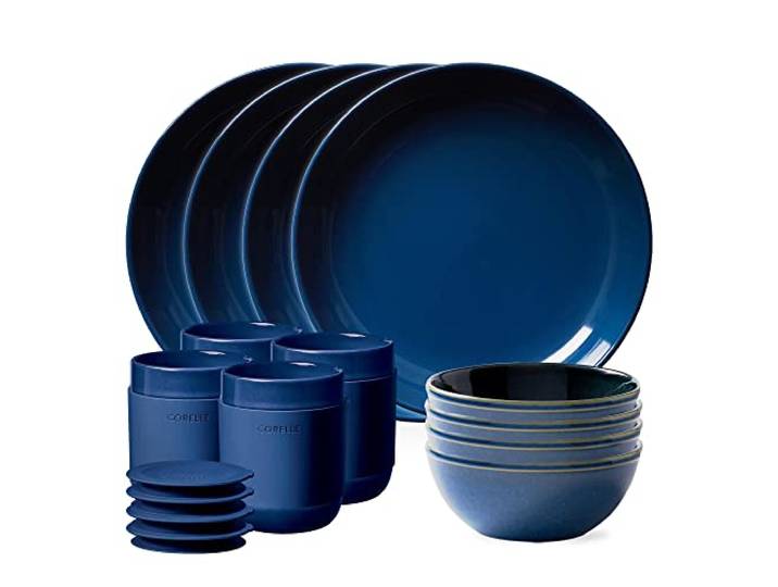 Corelle Steingut-Geschirr-Set, handgefertigt, Doppelperlen-Teller, Mahlzeiten, Schalen und Becher, solide und reaktive Lasuren, Essteller-Set, Marineblau Navy