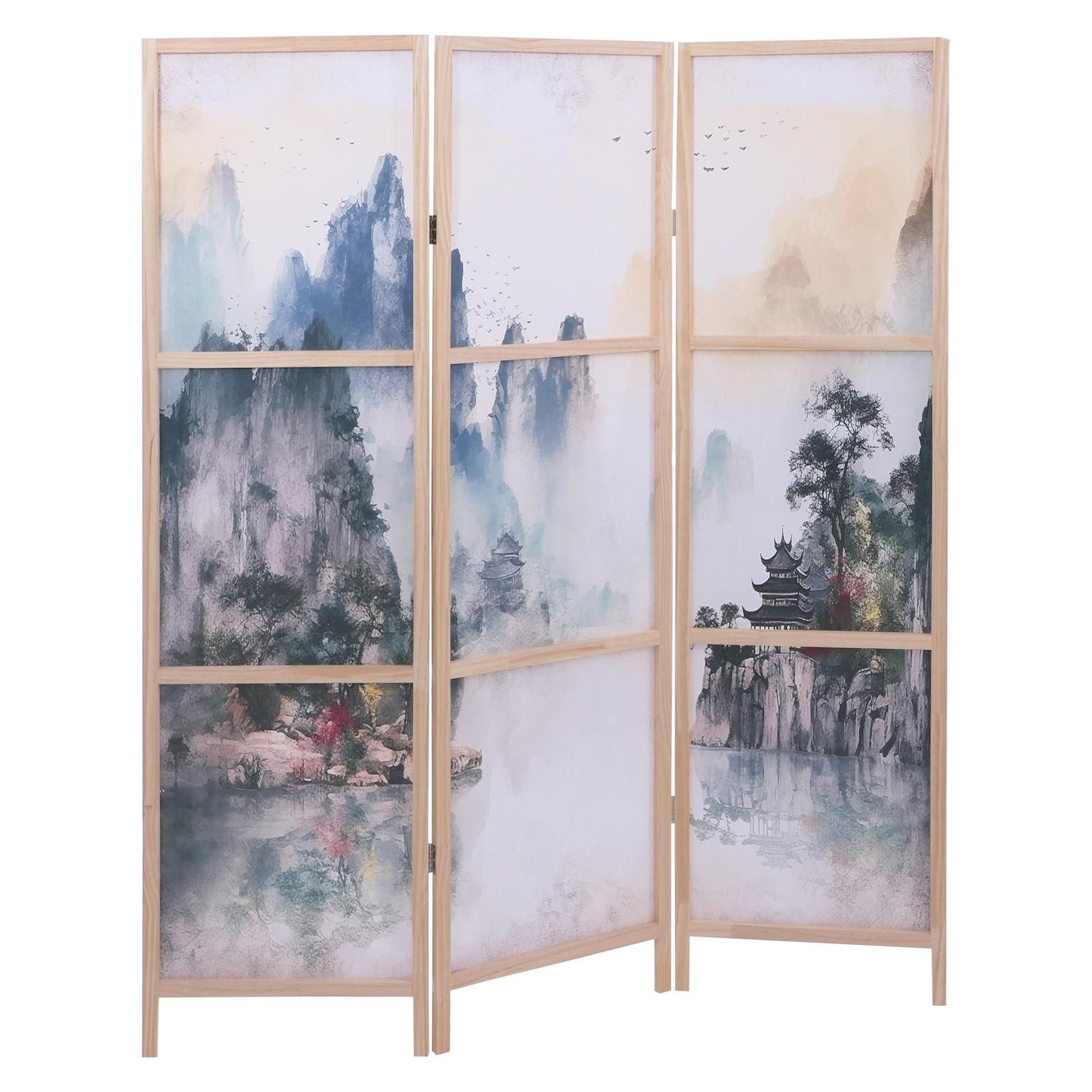 Paravent MCW-O70, Trennwand Sichtschutz Raumtrennung Naturmotive Holz MVG Polyethylen 170x137cm ~ Berge