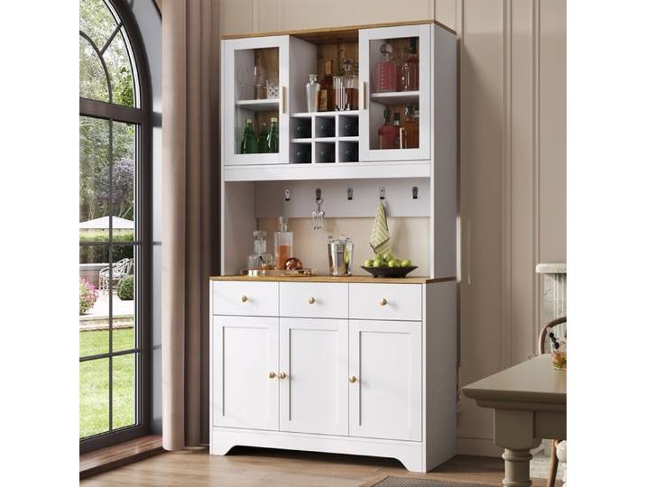 HOMVRA Buffet haut 94.5x30x175.5 cm avec cinq portes trois tiroirs et portes vitrées MDF blanc