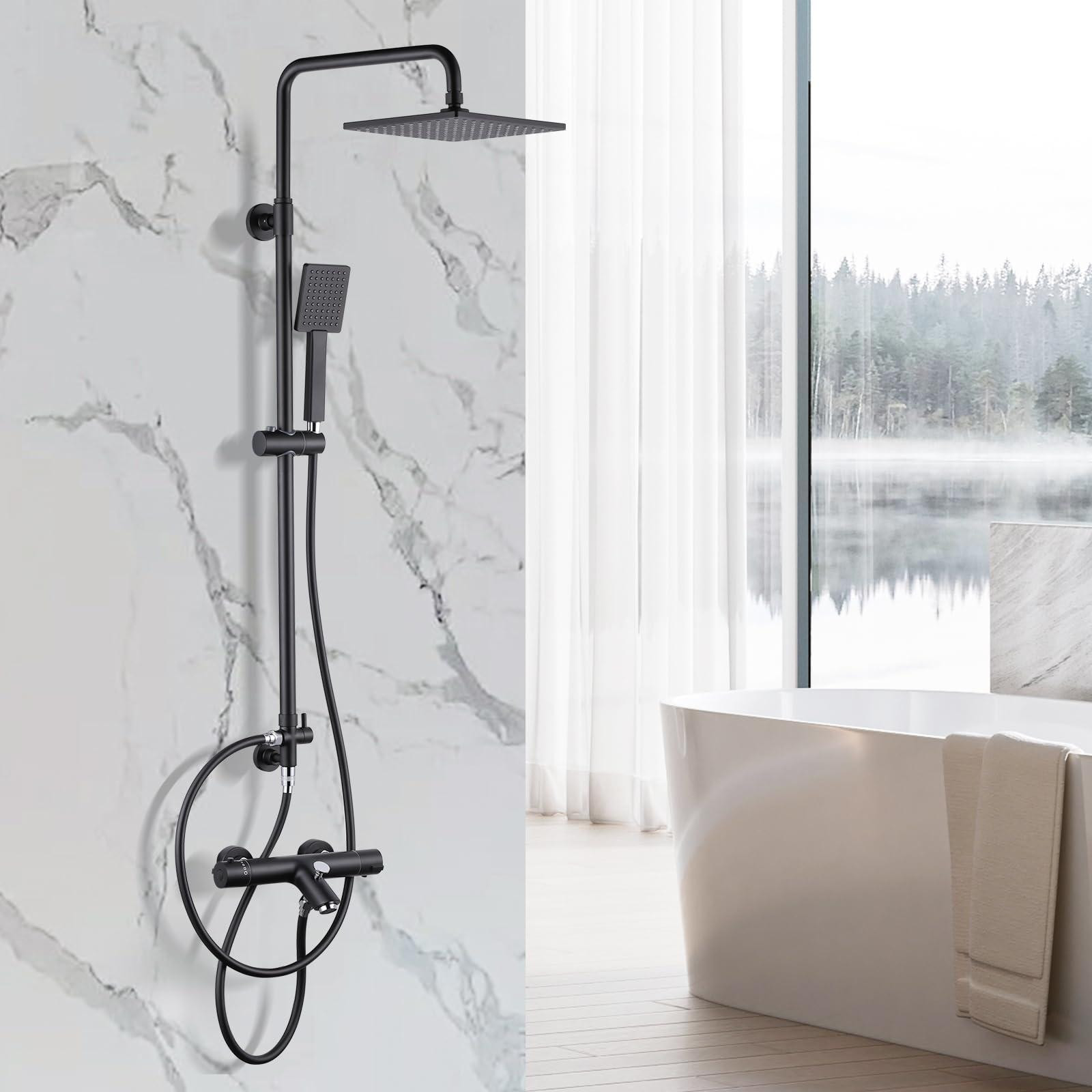 Dripio Doucheset met thermostaat en regendouche, messing, zwart, 23 cm