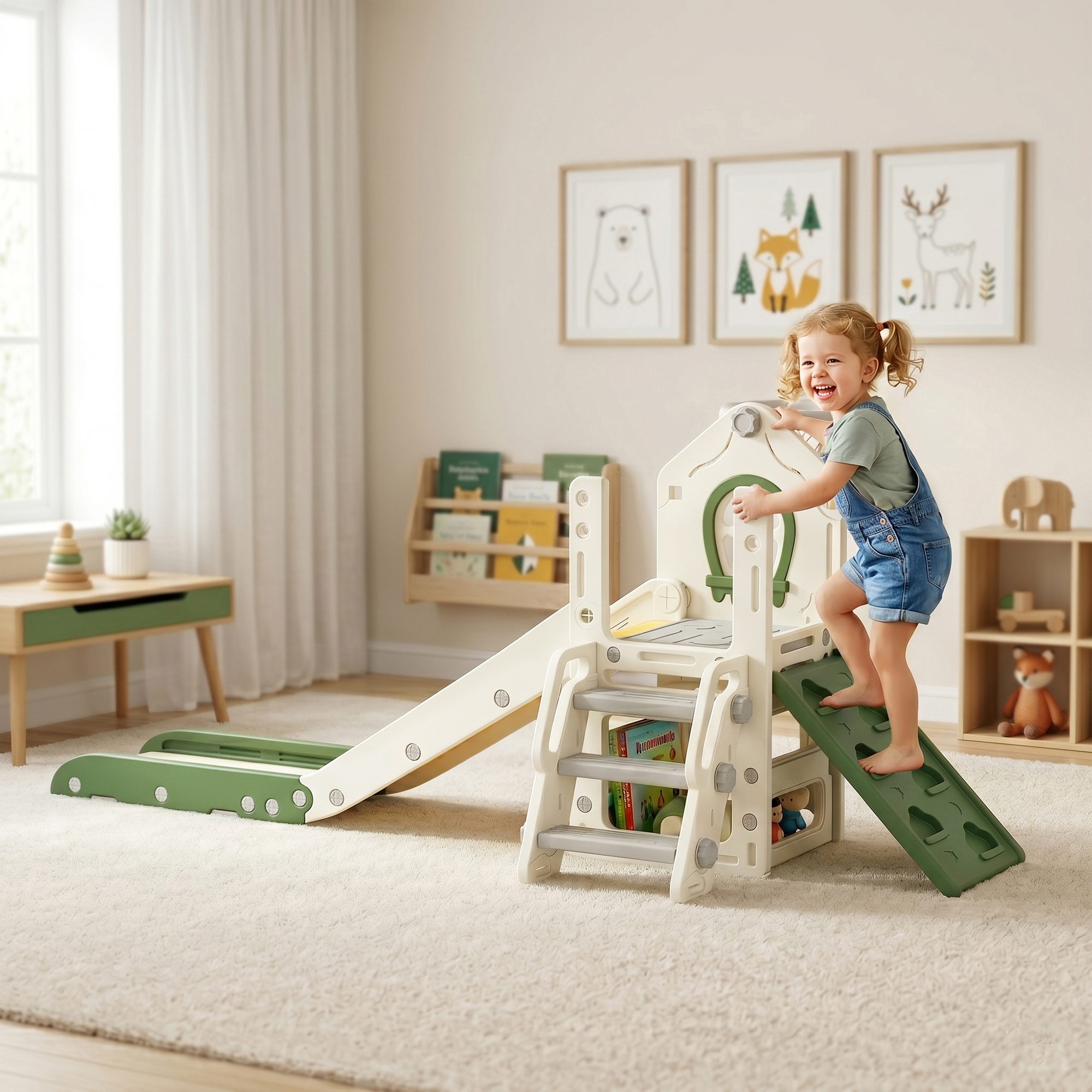 Aiyaplay Scivolo per Bambini 1-3 Anni con Arrampicata, Canestro, Spazio Portaoggetti e Gradini antiscivolo, Crema   Aosom Italy