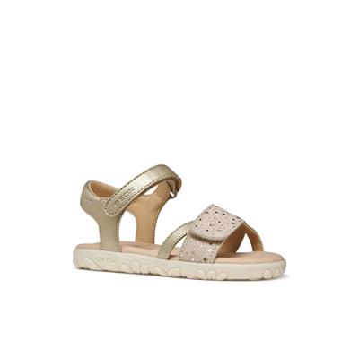 Sandale GEOX "J SANDAL HAITI GIRL", Mädchen, Gr. 27, Synthetik, gold (goldfarben), Leder, Lederimitat, Glitzermuster, Schuhe Sandale, Sandale mit Fersenriemen, Größenschablone zum Download