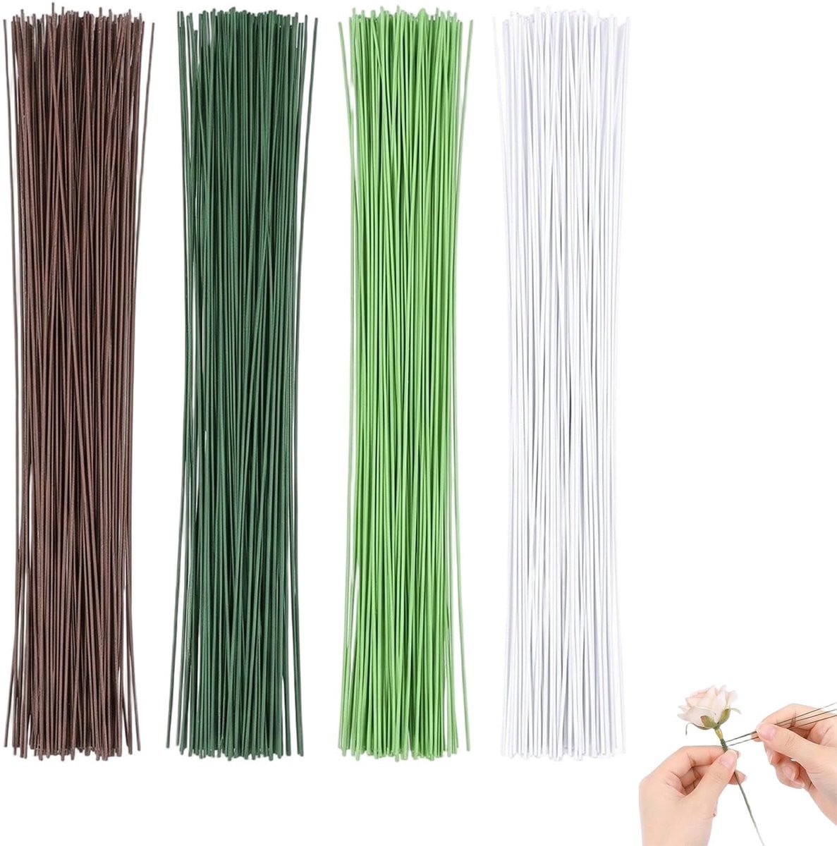 100 stuks IJzerdraad Kunstbloemstelen voor Bloemstukken en DIY Boeketten, 40 cm, Groen, Wit en Bruin