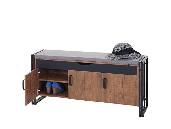 Mendler Schuhkommode mit Sitzbank HWC-A27AM 53x110x30cm - Wildeiche-Optik Kommode, Bank, mit Kissen, 3D-Struktur, Metall