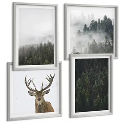BILDER SET 4er Set - 50x50 cm & 40x60 cm Silberner Rahmen - Grüne Wälder, neblige Landschaft