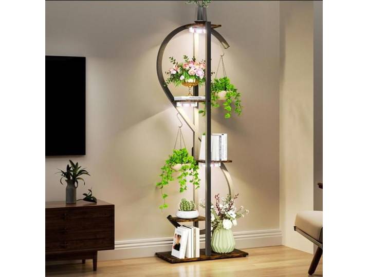 Porte plante - UNHO - Support 6 niveaux - Lampe croissance spectre complet - 55x26x153 cm - Métal & aspect bois