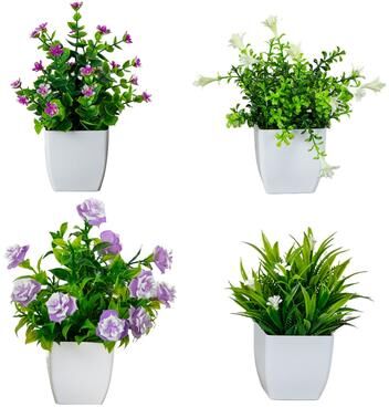 Nearly Natural 7-in Artificial Mini Flowering Potted Plants - Set of 4