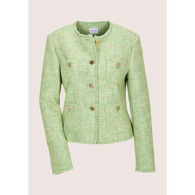 Jackenblazer MADELEINE "Blazer Tweed-Blazer mit Fransendetails", Damen, Gr. 46, weiß (perlweiß, kiwi, multicolor), Obermaterial: 42% Polyester PES. 31% Baumwolle CO. 23% Viskose CV. 4% sonstige Fasern AF., Modern, gerade, Blazer, Fransendetails