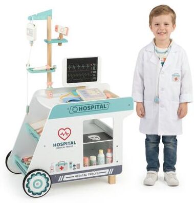 Costway Wooden Doctor Playset for Kids Pretend Play Doctor Kit with Cart Gift for Toddlers Boys Girls Aged 3+-Green