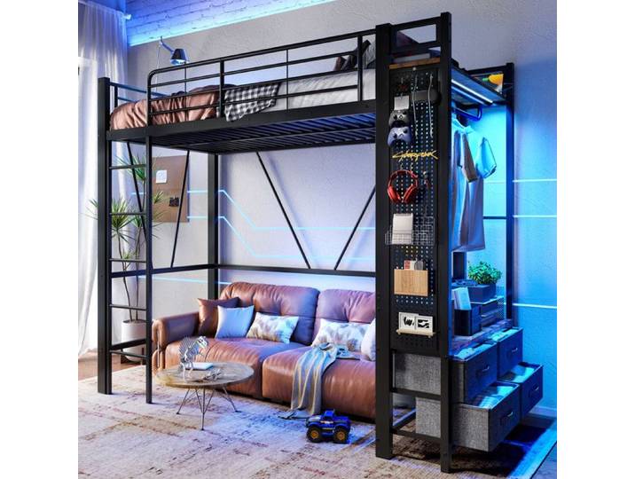 Lit Mezzanine 90x200 - LED Multicolore - USB-C - Porte-Vêtements Intégré - 4 Tiroirs