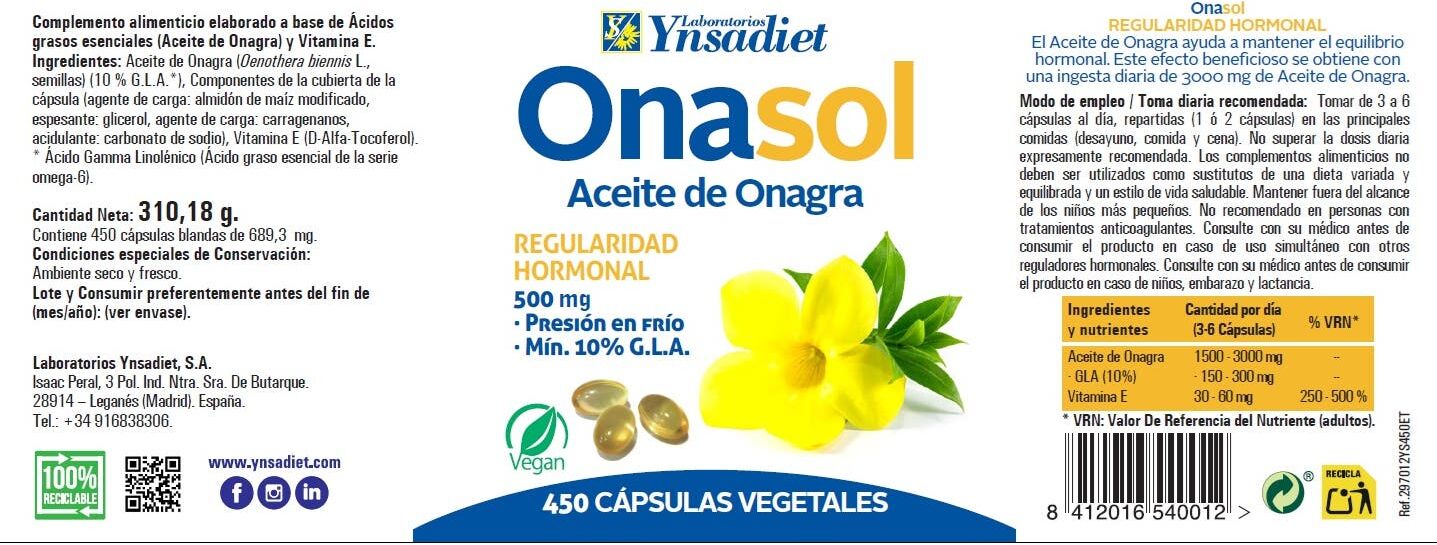 Ynsadiet Onasol Aceite de Onagra 450 Perlas