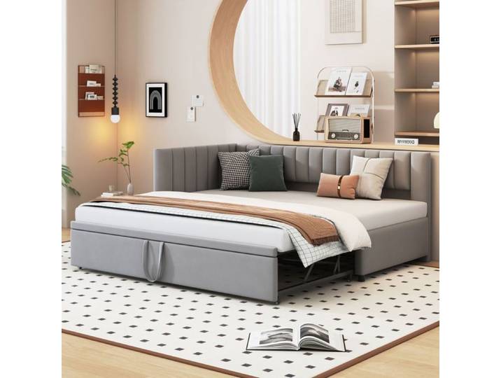 Canapé Lit Enfant 90x200 Gigogne Gris Velours Multifonction Design Compact - Sans Matelas