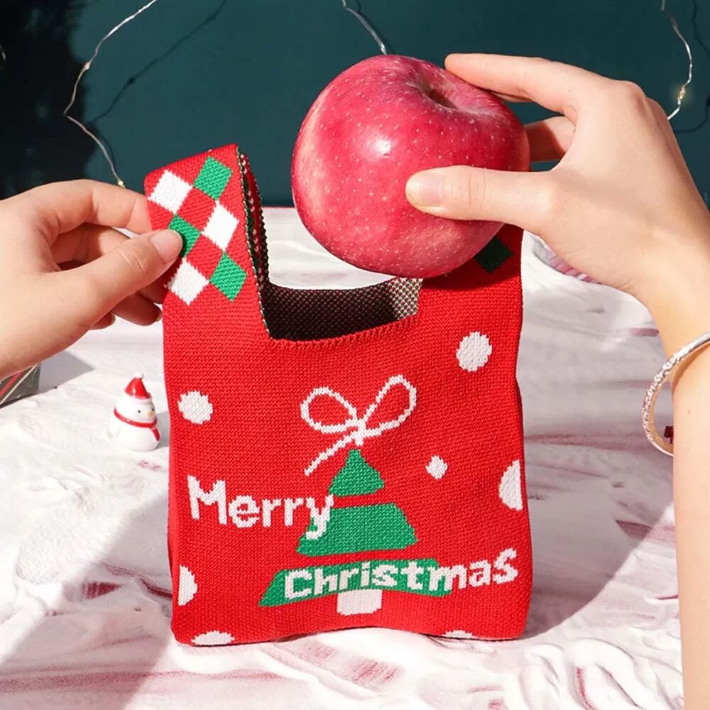 INF Weihnachtsapfel-Tasche gestrickter Geschenkbeutel mit Ansteckkarte - Festliche Weihnachtsverpackung Rot